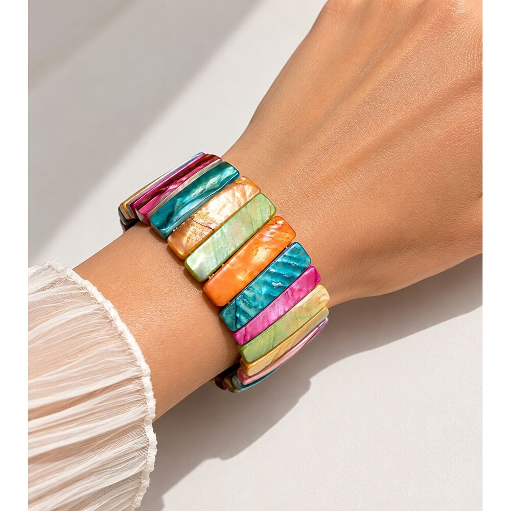 Vintage Multicolor Mother of Pearl Shell Elastic Stretch Cuff Statement Bracelet